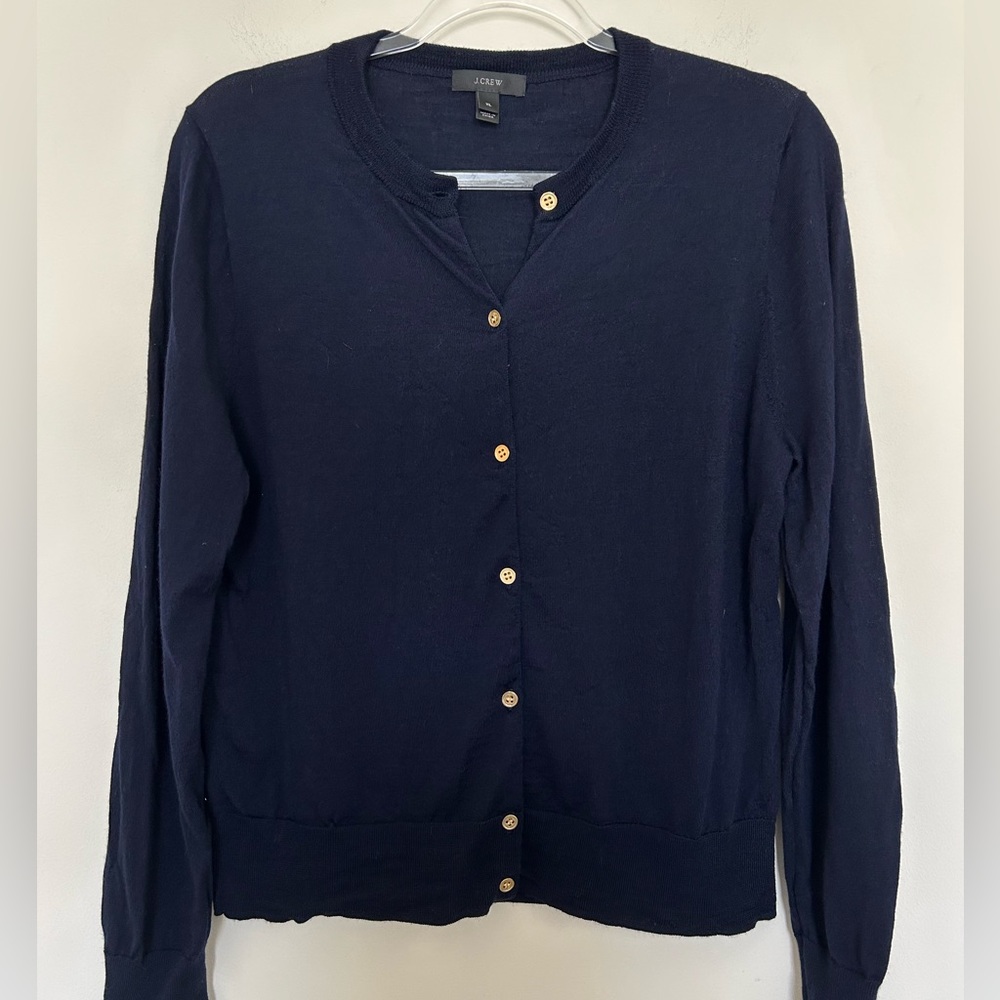 J. Crew Merino Wool Navy Crew Neck Cardigan with Gold Buttons Size XL